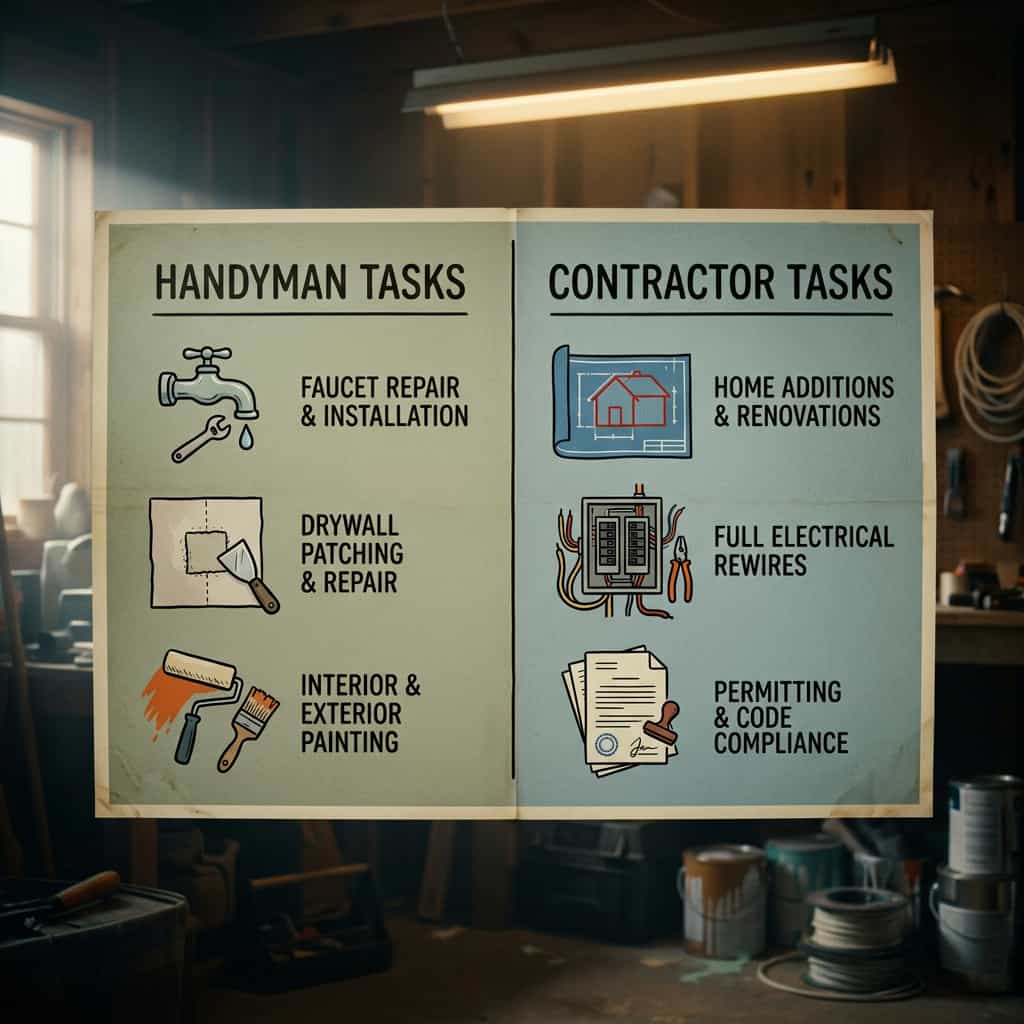 Handyman Repair Services: Save Thousands on Home Maintenance 3 An educational infographic comparing common handyman tasks like faucet repair with professional contractor services in Austin, TX.